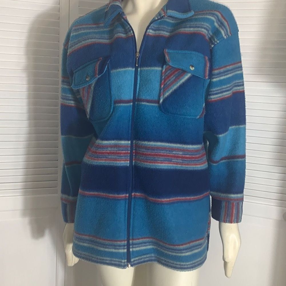 Vintage‎ 80’s 90’s Oversized Blue Striped Zip Up Fleece Jacket Medium